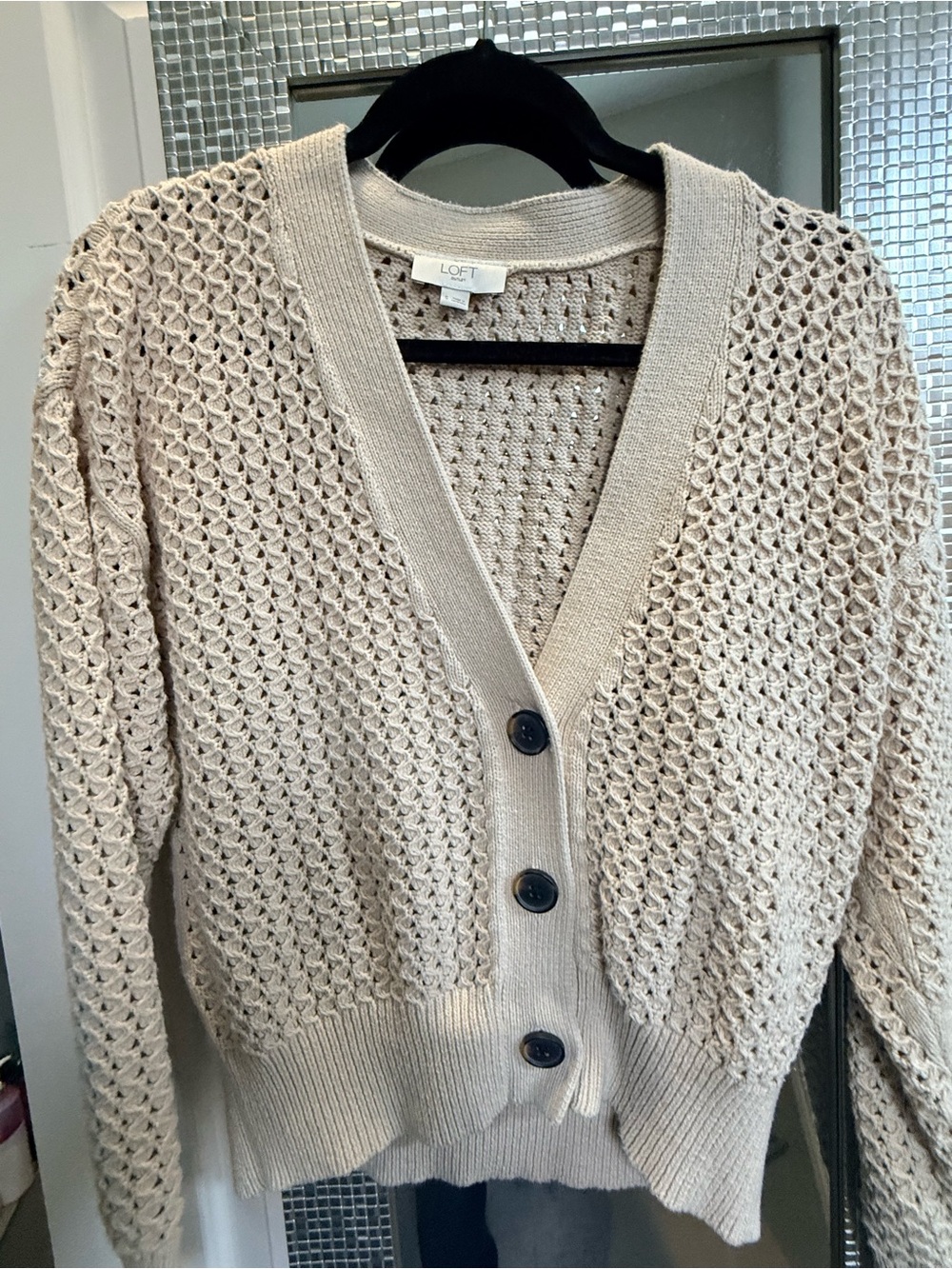 LOFT Cream Open-Knit V-Neck Button Cardigan Sweater